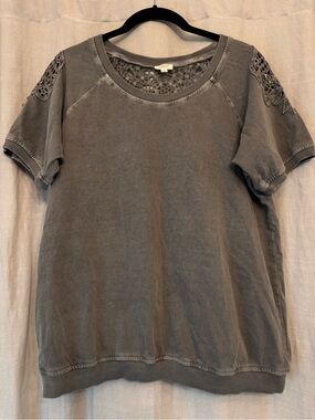 🔥 EZE SUR MER Gray Crochet Lace Accent Sweatshirt Top L